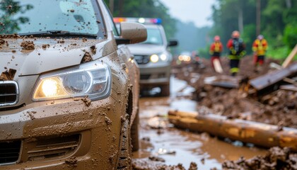Mud-Covered SUV on Flooded Road with Emergency Responders and Police Vehicle