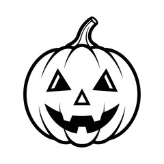 A classic black and white line art illustration of a smiling jack-o'-lantern, perfect for Halloween designs and autumn celebrations.