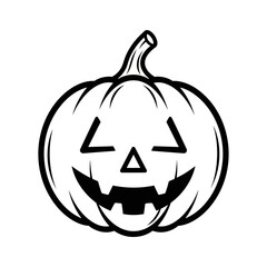 A black and white vector illustration depicts a smiling Jack-o'-lantern, a classic symbol of Halloween, perfect for holiday-themed designs and decorations.
