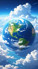 A vibrant artistic depiction of planet Earth surrounded by fluffy clouds