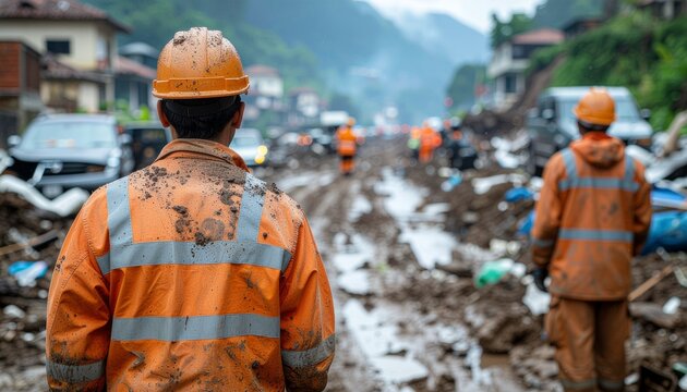 Rescue worker in orange gear surveys mudslide-ravaged town with damaged cars and homes