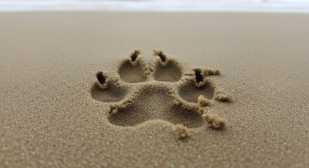 Dog paw print in the sand creating a peaceful beach vibe, perfect for summer pet vacation promotions and heartwarming animal rescue campaigns