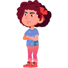 An Angry Young Girl With Curly Red Hair And A Blue Polka Dot Shirt Standing With Arms Crossed On A White Background
