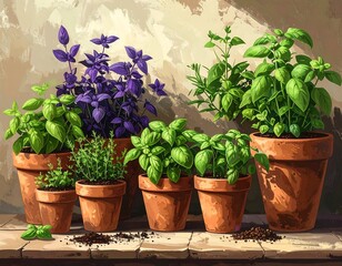 A vibrant artistic depiction of various potted herbs