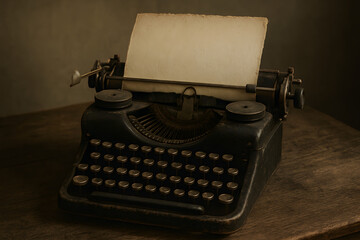 Dusty Vintage Typewriter with Aged Paper on Rustic Wooden Desk
