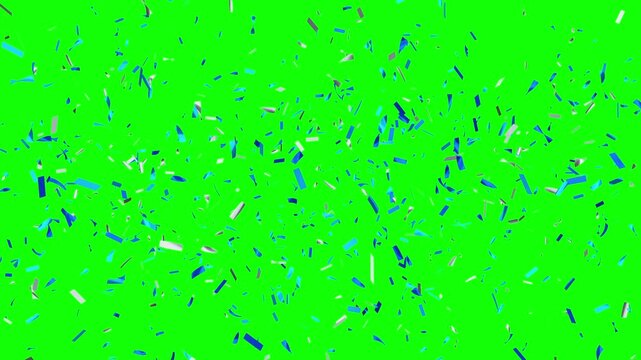 Animation of beautiful sparkling blue confetti on a green background.