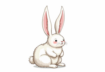 Fototapeta premium Charming illustration of a fluffy white rabbit with large ears and pink cheeks sitting against a plain white background, embodying innocence and playfulness