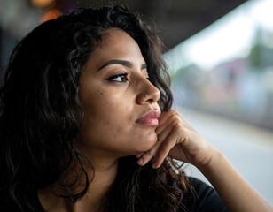 Portrait of a woman with curly hair gazing thoughtfully into the distance