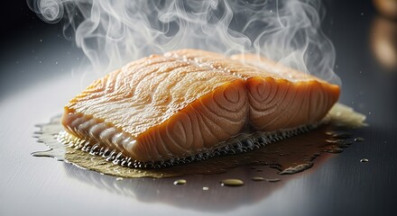 Steaming Salmon Fillet - Culinary Delight on a Metallic Surface.