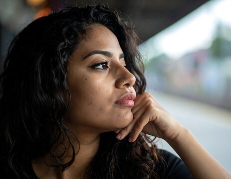 Portrait of a woman with curly hair gazing thoughtfully into the distance