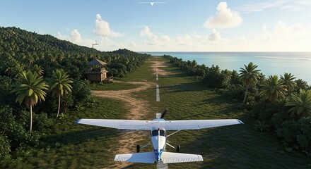 Small Propeller Plane on a Remote Tropical Island Airstrip by the Ocean.