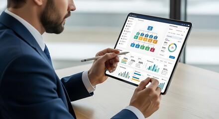 Businessman Analyzing Data on Tablet with Stylus
