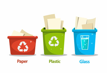 Illustration of three bins for sorting and recycling paper, plastic, and glass materials emphasizing environmental conservation and waste management practices