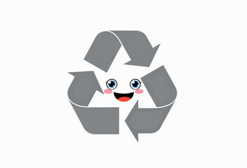 Playful cartoon illustration of cheerful recycling symbol with smiling face and blue eyes promoting sustainability and environmental awareness