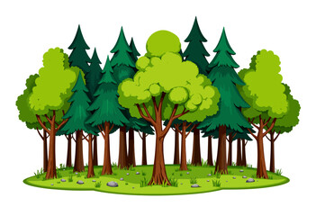 Lush Green Forest Illustration Featuring Dense Trees and Verdant Foliage Against a Clear Background with Vividly Detailed Tree Leaves and Grassy Ground