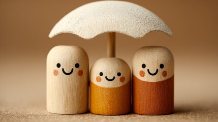Three Cute Wooden Figures Under a White Umbrella Together