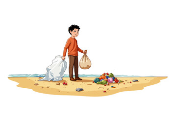 Young Volunteer Enthusiastically Collects Litter on a Sandy Beach As Part of Community Environmental Cleanup to Protect Marine Life and Preserve Natural Beauty