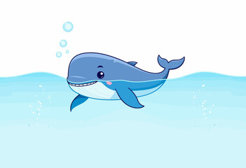 Adorable Cartoon Whale Joyfully Swimming with a Bright Smile in Clear Blue Ocean Water Surrounded by Bubbles and Gentle Waves