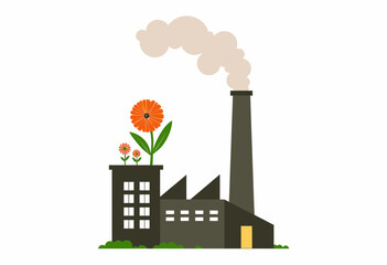 Illustration of an Industrial Factory Merging Environmental Sustainability with Nature Through Flowers and Smoke