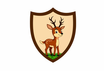 Illustration of a Cartoon Deer with Antlers Standing on Grass Enclosed in a Decorative Shield Emblem