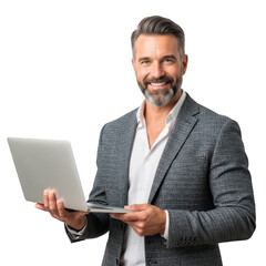 Smiling businessman holding a laptop isolated on transparent background