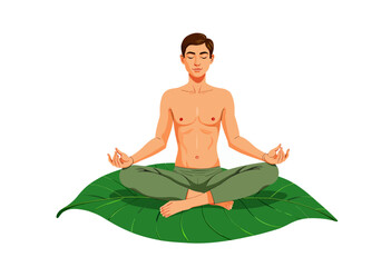 Illustration of a Peaceful Meditation Pose: Man Practicing Yoga on a Large Green Leaf with a Serene Expression and Crossed Legs in Lotus Position