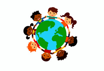 Illustration of Diverse Children Holding Hands Around the Globe Representing Unity and Global Friendship Across Different Cultures and Ethnicities