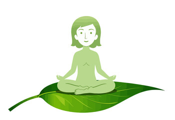 Illustration of a green person sitting in a meditative pose on a large green leaf with a simple white background, symbolizing harmony with nature and wellness.