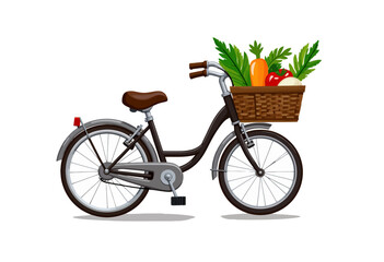Illustration of a Bicycle with a Front Basket Filled with Fresh Vegetables Including Carrots, Pepper, and Greens on a White Background