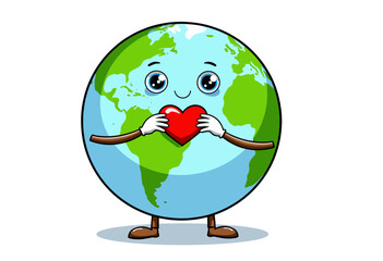 Adorable Cartoon Earth Holding a Red Heart Symbolizing Love and Environmental Awareness with a Cheerful Smile and Green Continents