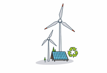 Illustration of Wind Turbines and Solar Panel Representing Sustainable Energy and Environmental Conservation Efforts with Recycling Icon