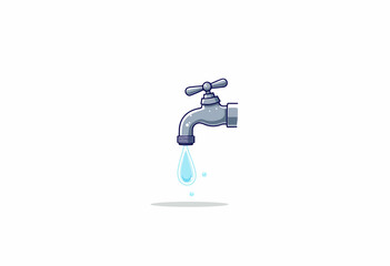 Illustration of a single faucet with a dripping droplet of water against a plain white background highlighting water conservation and sustainability concepts