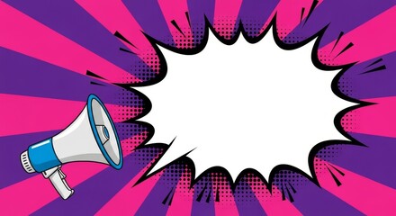 Obraz premium Megaphone Announcement Frame with Comic Burst Background, Retro Speech Bubble Design for Creative Promotions
