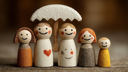Figurines Representing A Happy Family Protected Under An Umbrella