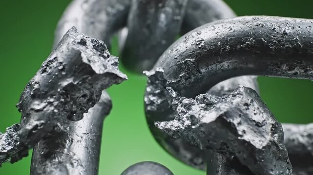 Close-up of a broken metal chain link, with a green background. Fracture detail. Heavy material
