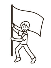 旗を振る男性医師のイラスト　線画のみ