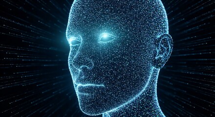 “Futuristic digital human face made of glowing neural data network — artificial intelligence technology concept with cyber blue tones.