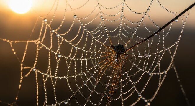 Detailed spiderweb glistening with dewdrops against a soft golden dawn light illuminating