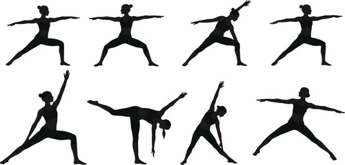 Yoga silhouette poses collection, fitness exercise illustration, meditation balance practice, healthy lifestyle activity, wellness stretching workout, flexibility training, spiritual relaxation,