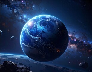 A vibrant blue planet glows against a backdrop of nebulae and distant stars
