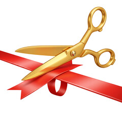 Golden scissors cutting red ribbon symbolizing grand opening and celebration