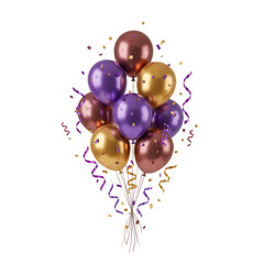 Festive bunch of metallic balloons with confetti and streamers on black background