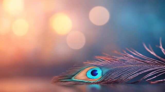 Colorful peacock feather eye spot detail with bokeh background vibrant natural beauty