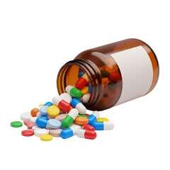 Spilled bottle of colorful pills and capsules on black background