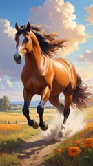 A vibrant brown equine gallops on a sunlit dirt path through a flowery field