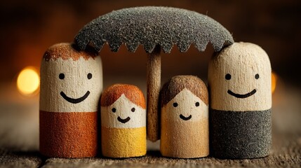 A Happy Family Protected Under an Umbrella Together