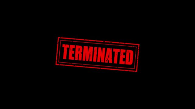 Terminated rubber stump animation. Terminated distressed texture effect motion graphics. text slide down video footage. stamp zooming text seal.