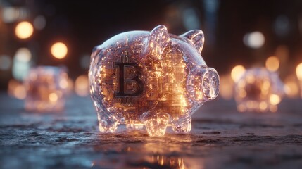 Unexpected Fusion of Modern Finance and Traditional Savings in a Glowing Piggy Bank at Night