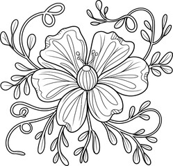 Detailed Outline Drawing of a Flower with Leaves bloom