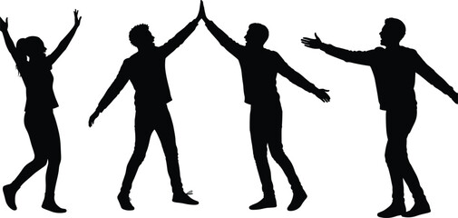Silhouette people celebrating teamwork success, group high five gesture, business collaboration unity, friends greeting together, community support connection, positive energy partnership